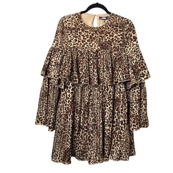 Missguided Pleated Smock Leopard Print Bell Sleeve Mini Dress Sz 6 Tall - Picture 3 of 7